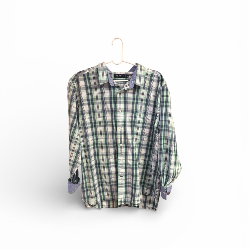 Nautica Casual Button Up Shirt Men’s XL Blue Green Plaid Long Sleeves Cotton